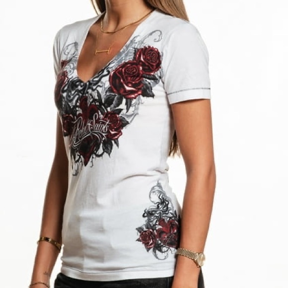 NWOT Rebel Saints Women's Small White Floral Cross With Angel Wings Tee - Picture 3 of 11